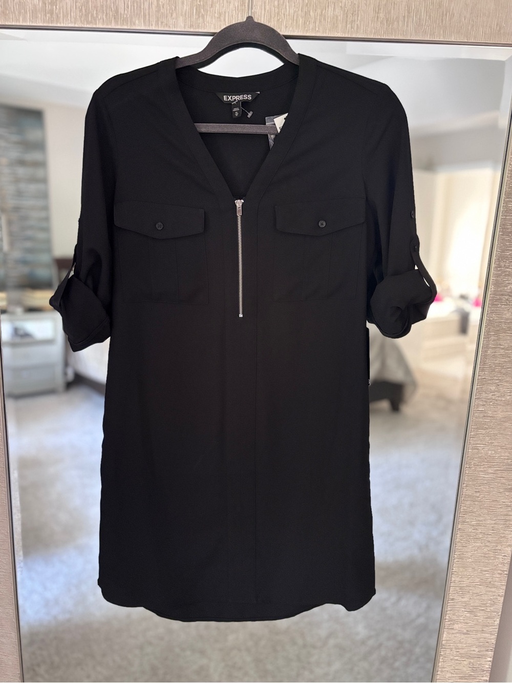 NWT Express Womens Black Long Sleeve Roll Up Sleeve Shirt Dress Size X-Small